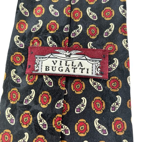 Villa Bugatti Neck Tie Italian Silk Black Red White Paisley Classic - Picture 6 of 8